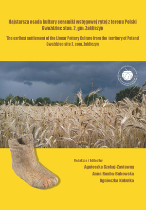 Okładka książki  „Najstarsza osada kultury ceramiki wstęgowej rytej z terenu Polski. Gwoździec stan. 2, gm. Zakliczyn” autorstwa A.Czekaj-Zastawny (red.); A.Rauba-Bukowska (red.); A.Kukułka (red.). Okładka z linkiem do repozytorium RCIN.